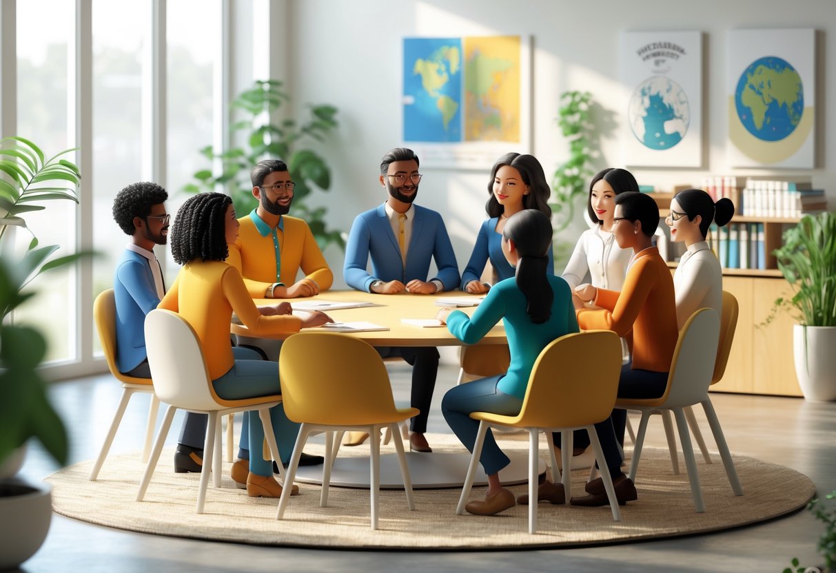 A group of diverse people sitting around a table having a friendly and respectful conversation in a bright office.