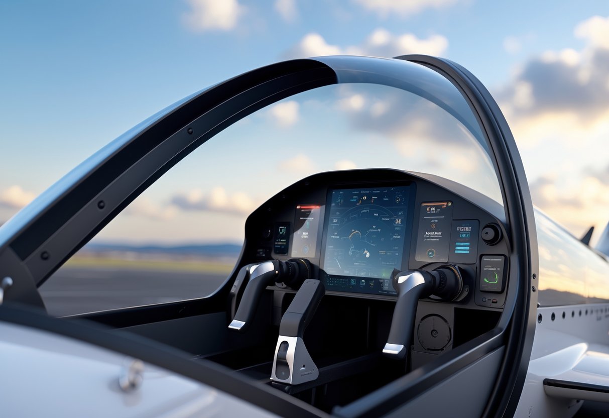 View inside a light-sport aircraft cockpit showing simple, ergonomic controls with a clear sky visible outside.