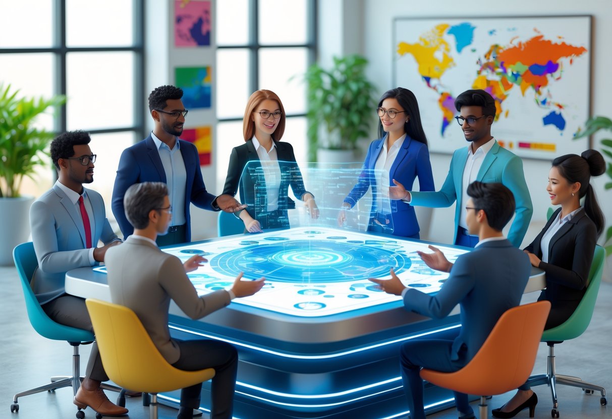 A diverse group of people working together around a digital table in a modern office, showing cooperation and cultural respect.