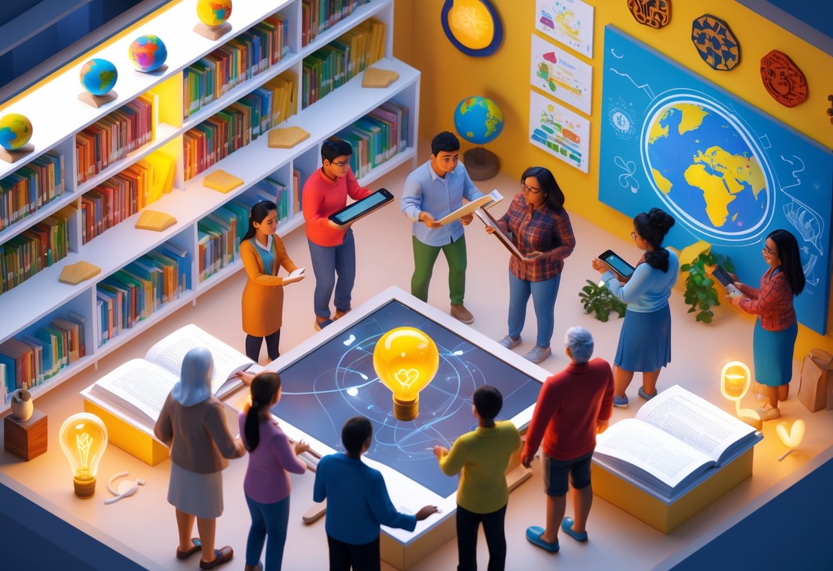 A group of diverse people of different ages learning together in a bright community centre surrounded by books and cultural artefacts.