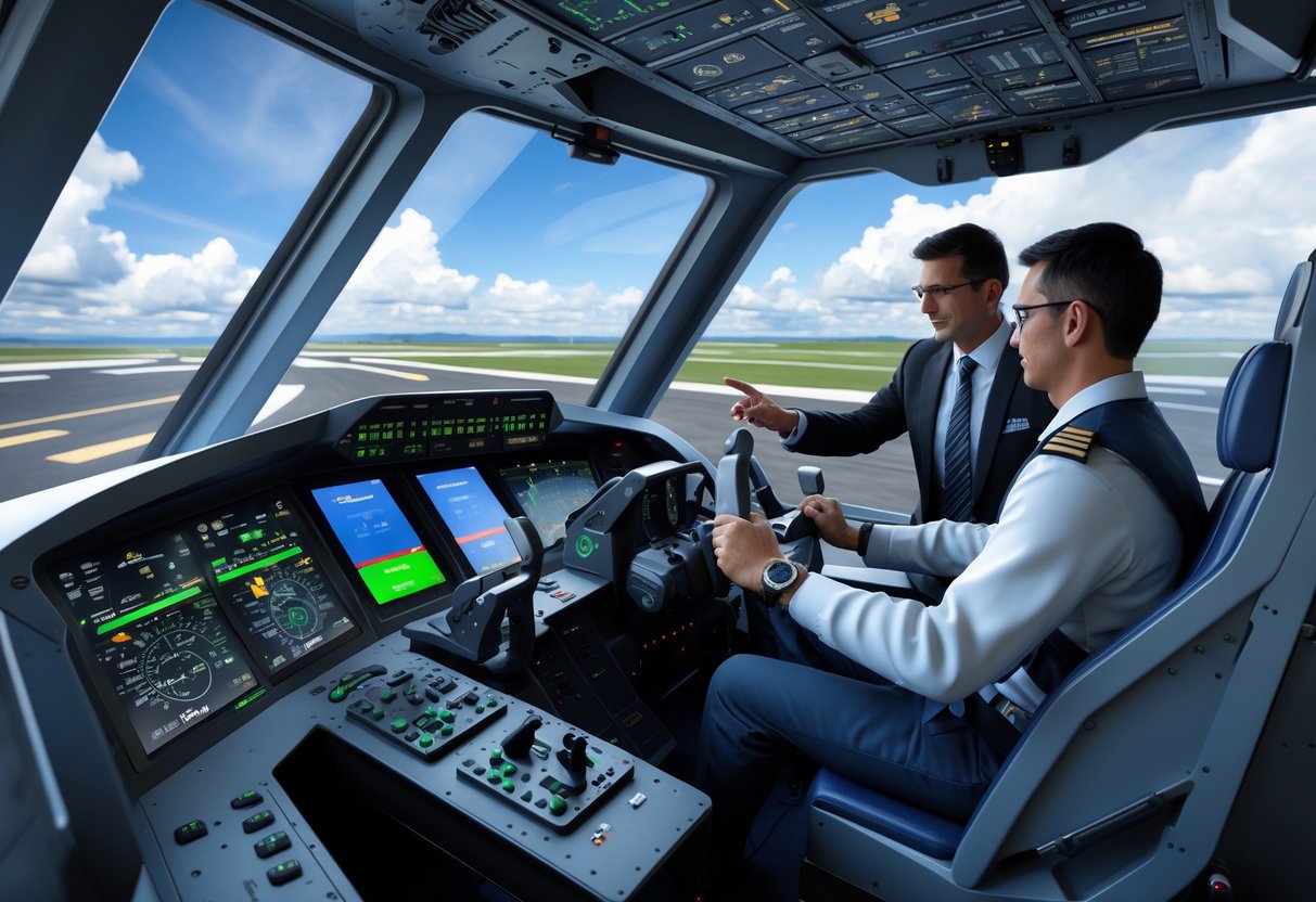 A trainee pilot using simplified flight controls inside a flight simulator cockpit while an instructor observes and points at the display screens.
