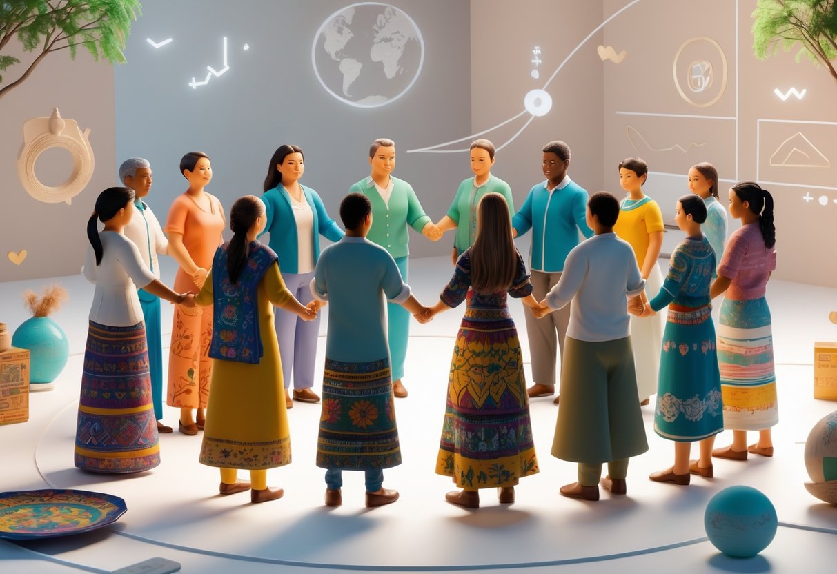A group of diverse people from different cultures standing together in a circle, holding hands in a bright open space with cultural patterns and symbols around them.