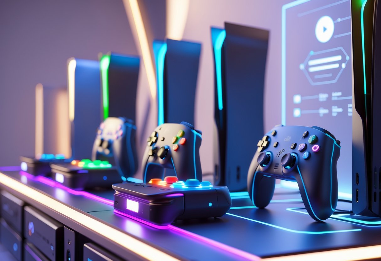 A 3D scene showing several modern gaming consoles with different adaptive controllers arranged on a glowing surface, highlighting their connection and accessibility features.