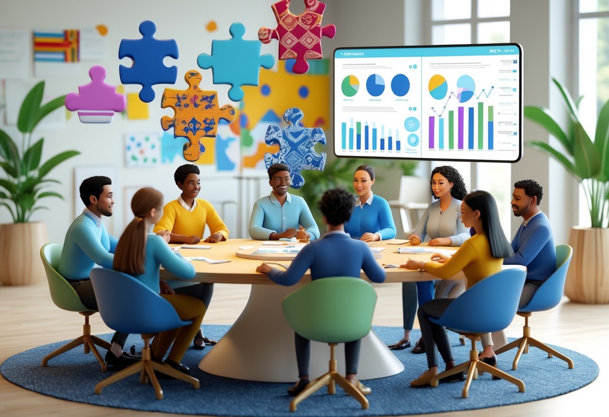 A diverse group of people sitting around a table, discussing and sharing ideas with cultural symbols and charts visible above them.