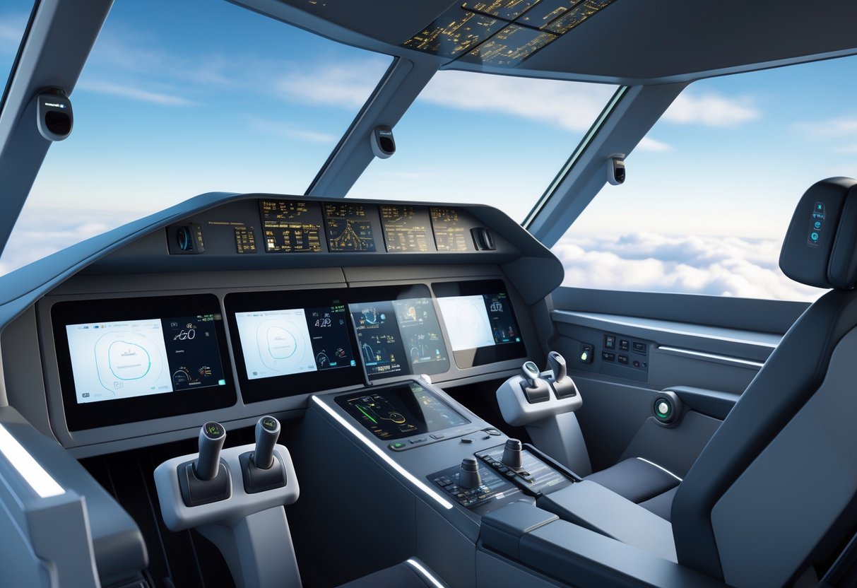 View inside an aircraft cockpit with simplified controls, showing digital displays and ergonomic seats, with a clear sky visible through the windows.