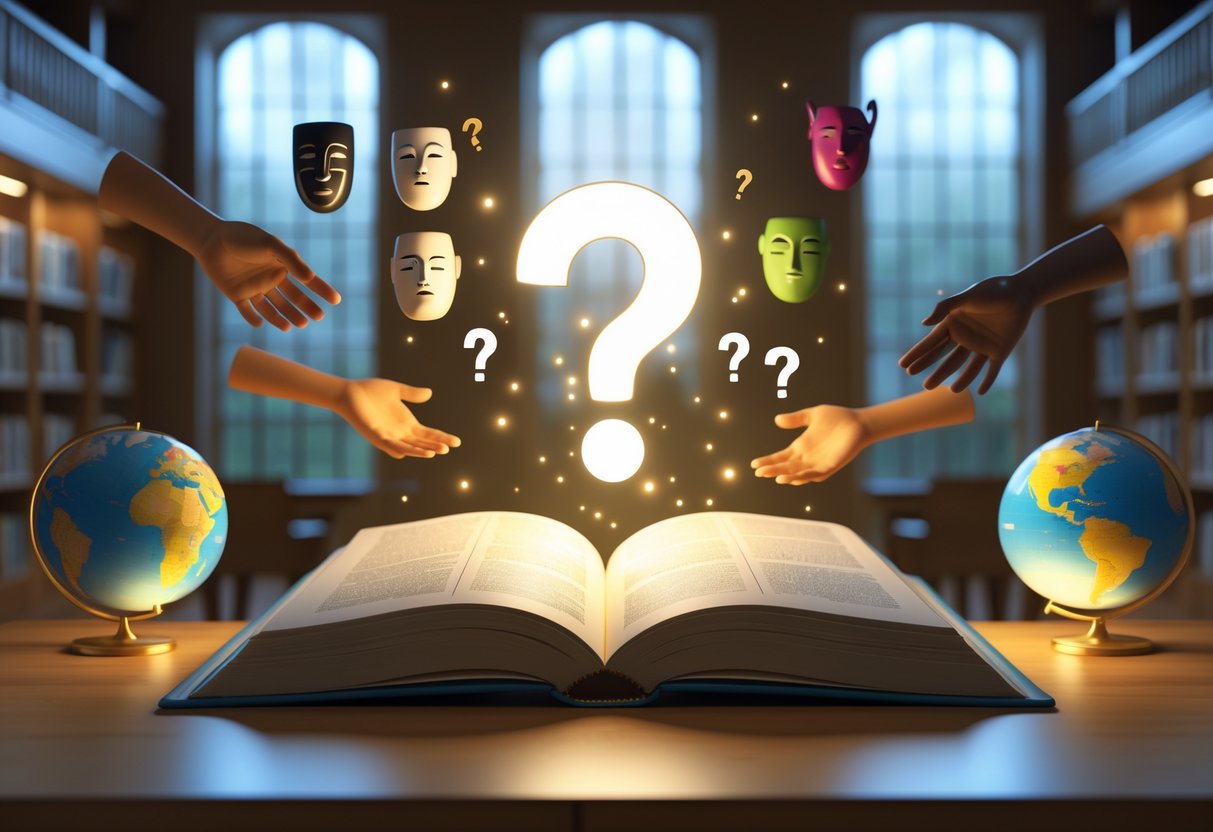 An open book floating above a wooden table surrounded by diverse hands and cultural symbols in a warm library setting.