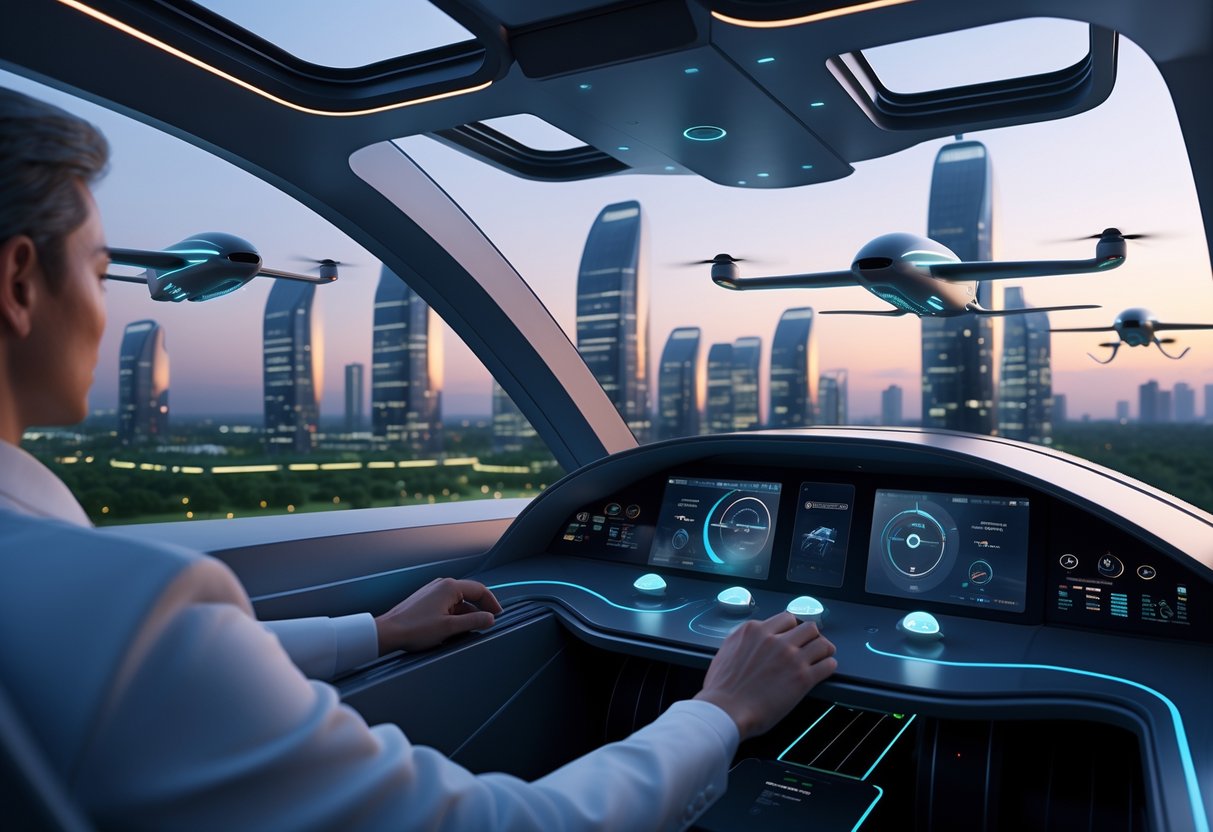 A futuristic city with multiple electric vertical takeoff and landing aircraft flying above, and a pilot using simple holographic controls inside a cockpit.