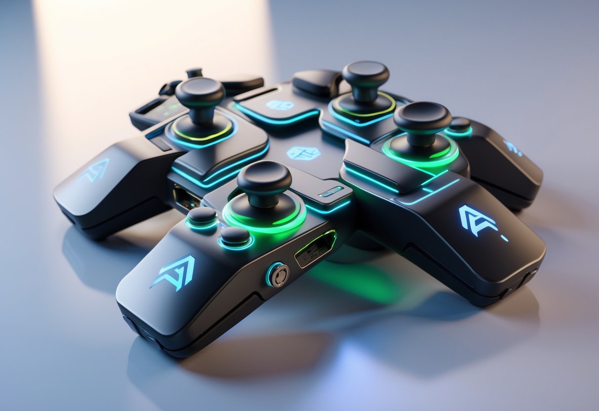 A 3D rendered scene showing a modular gaming controller with interchangeable parts and connection points arranged around a central hub.