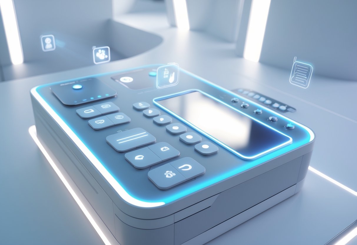 A futuristic control panel with large buttons and touchscreens in a clean, high-tech environment.