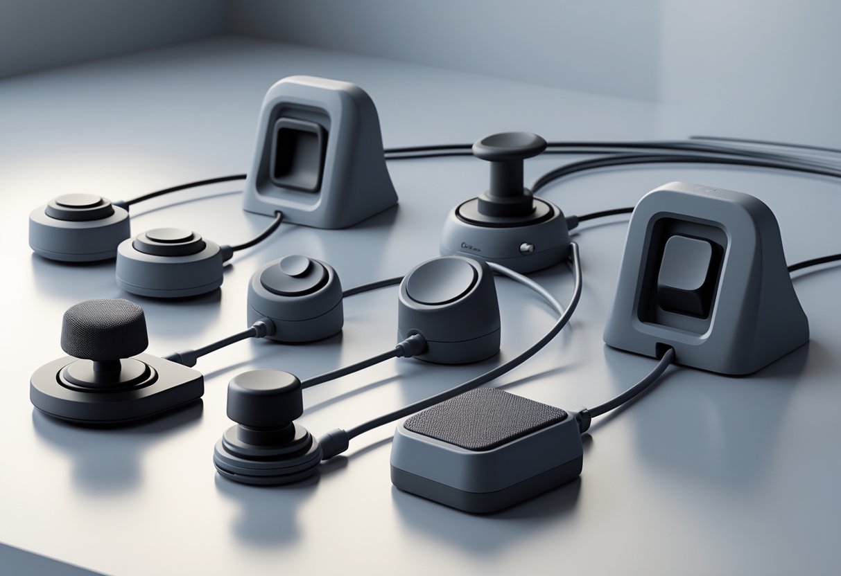 A collection of adaptive switches and accessories for controllers arranged on a smooth surface with cables connecting them.