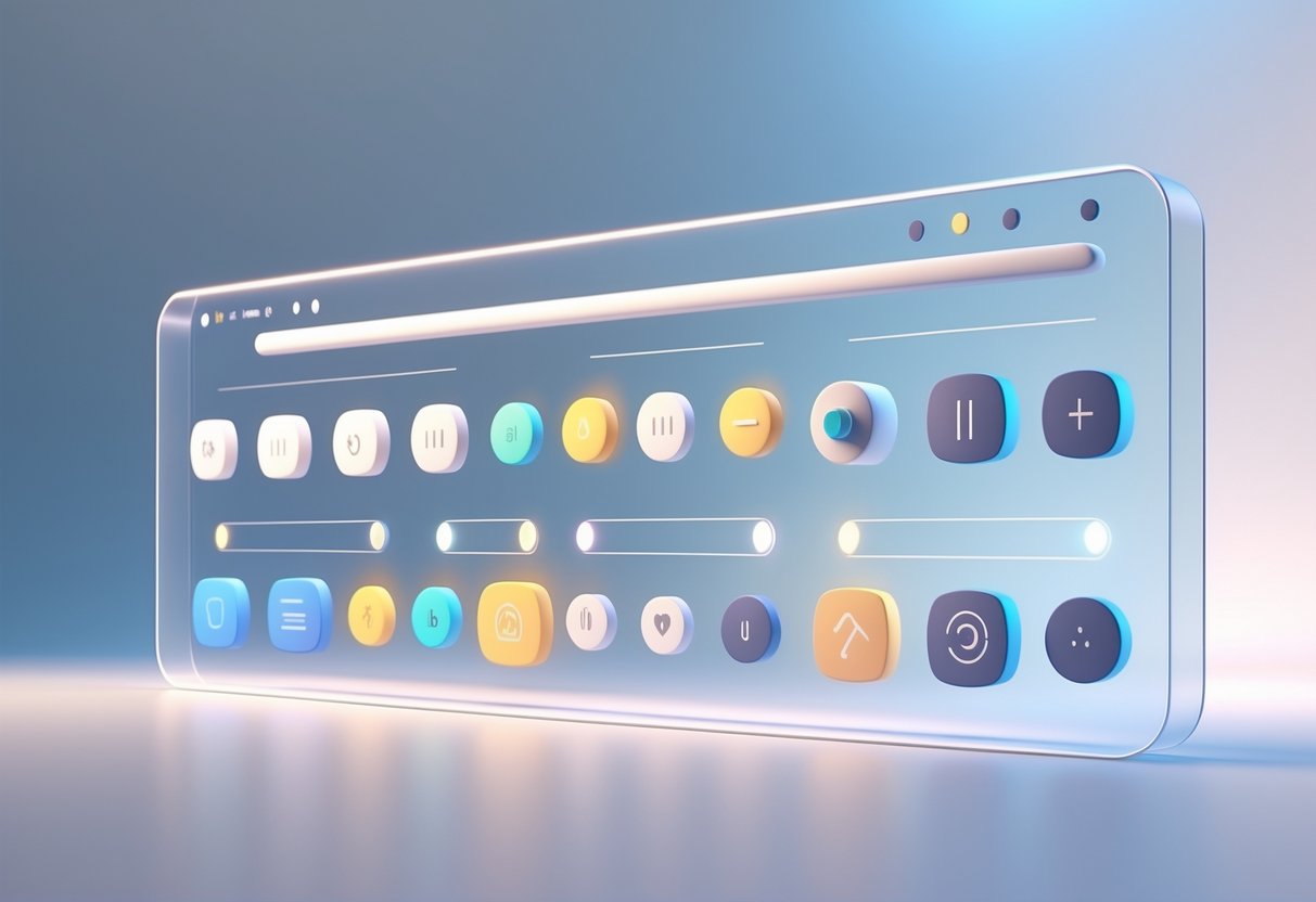 A 3D digital dashboard showing simplified control icons like sliders, toggles, and buttons on a translucent panel with a soft gradient background.