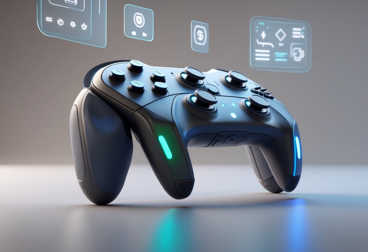 A 3D rendered image of an advanced adaptive controller with ergonomic grips and glowing buttons on a reflective surface, surrounded by floating holographic interface elements.