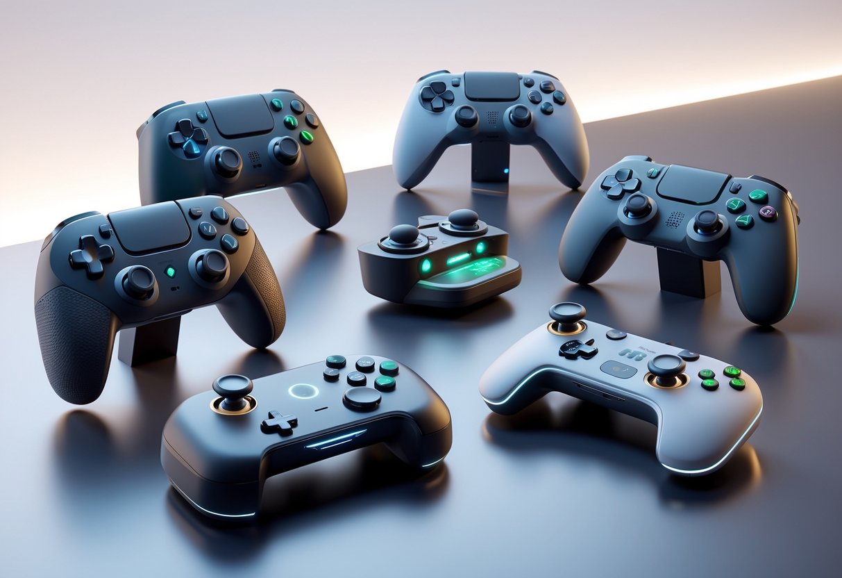 A collection of different adaptive gaming controllers arranged together on a reflective surface.