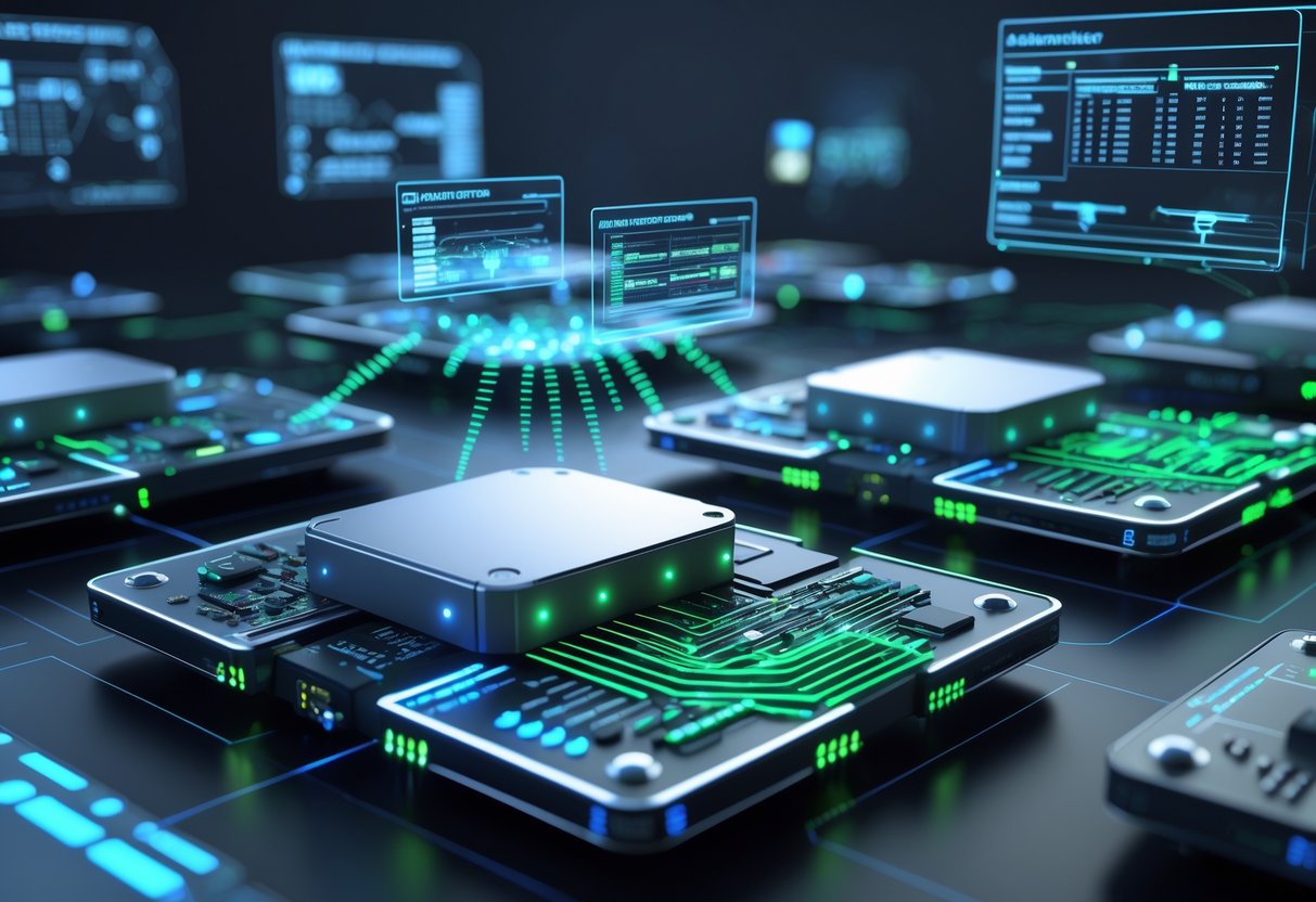 A 3D rendering of futuristic adaptive controllers with glowing circuits and holographic data displays in a high-tech setting.