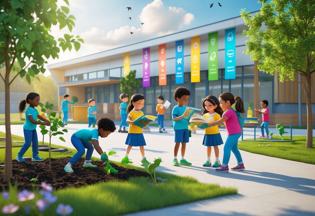 Children and teachers working together outdoors at a school, planting trees, sharing books, and helping each other, with a school building in the background.