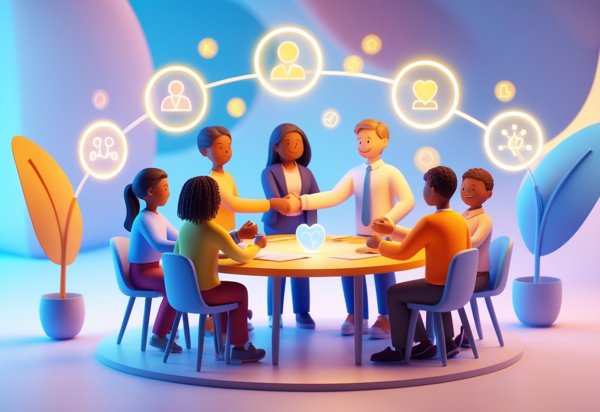 A group of diverse people interacting positively around a table, with glowing symbols representing trust, empathy, respect, and communication floating nearby in a bright learning space.