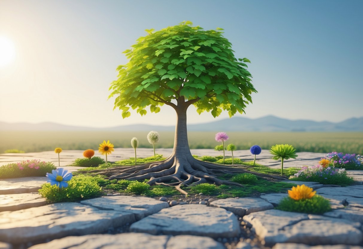 A single vibrant tree growing from cracked ground with diverse plants around it under a clear blue sky and distant mountains.