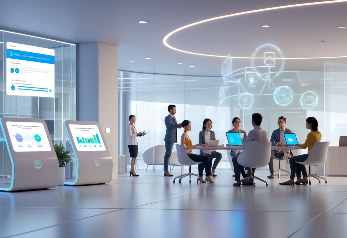 A modern office with new employees using digital devices and virtual reality to prepare for their first day, surrounded by collaborative workspaces and interactive technology.