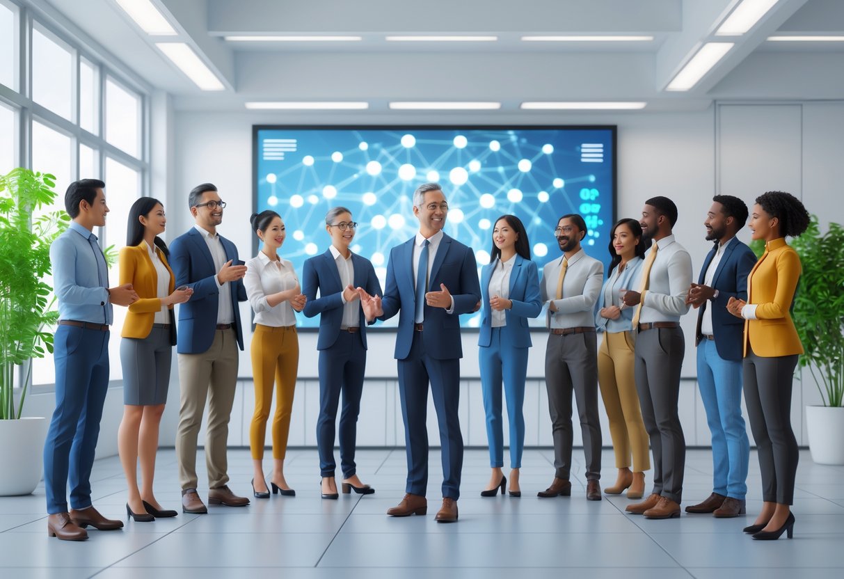 A group of diverse professionals in a bright conference room, with a leader engaging the team who listen attentively, symbolising leadership and open-mindedness.