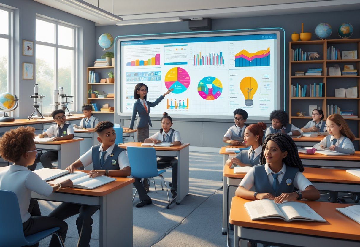 A classroom with students and a teacher engaged in learning, featuring books, tablets, and educational tools.