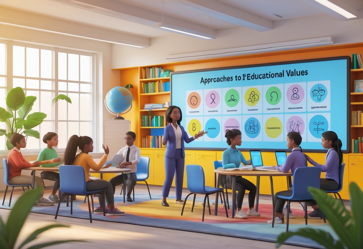 A classroom with a teacher and diverse students engaged in interactive learning activities surrounded by educational symbols and a bright, welcoming environment.