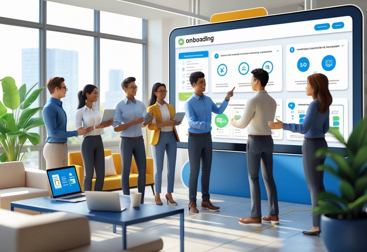 A group of employees and mentors interacting in a bright office space with digital devices and an interactive screen showing onboarding progress and engagement tools.