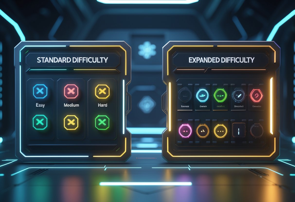 A 3D scene showing two side-by-side control panels with different sets of difficulty options, one simple and compact, the other larger and more detailed, in a high-tech environment.