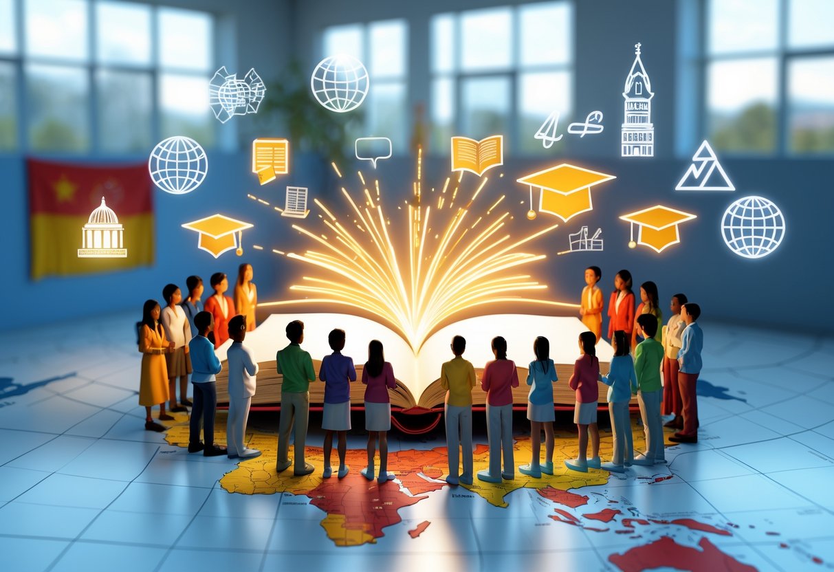 A group of diverse students gathered around a glowing open book in a bright classroom with cultural symbols and a world map on the floor.