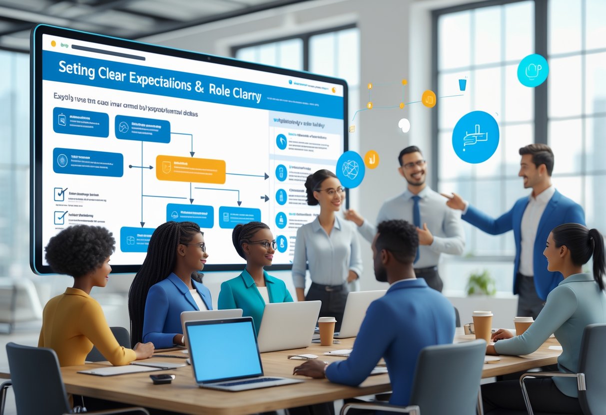 A group of new employees in an office gathered around a digital screen showing an organisational chart, with a manager explaining roles and responsibilities.