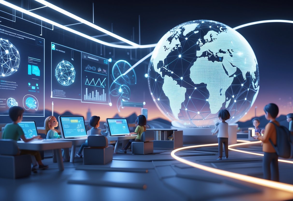 A futuristic classroom with holographic displays, diverse students, and a glowing globe showing interconnected knowledge networks, symbolising challenges and future directions in education.