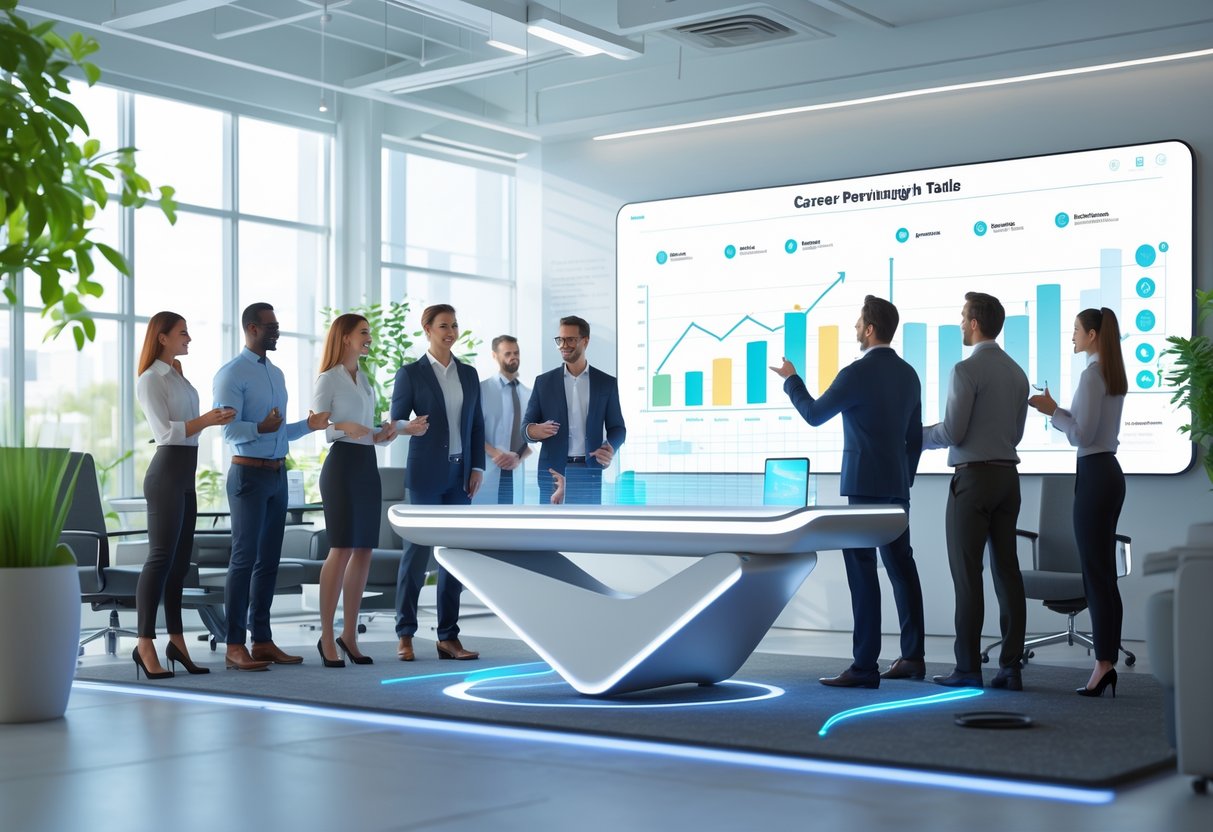 A group of new employees and mentors interacting around a digital display in a bright office, showing career growth pathways and supportive teamwork.