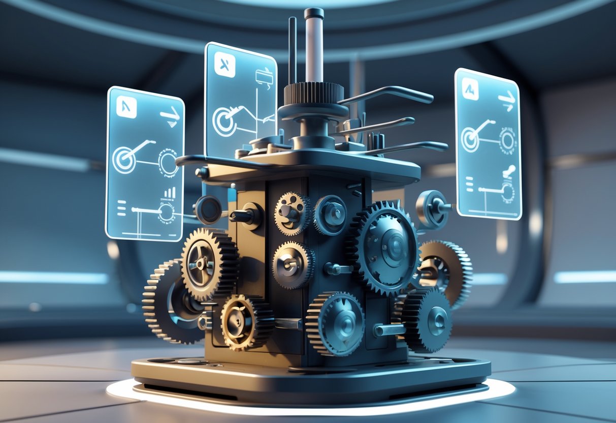 A 3D scene showing a complex mechanical device with interconnected gears and levers surrounded by floating panels displaying abstract icons representing different difficulty settings.