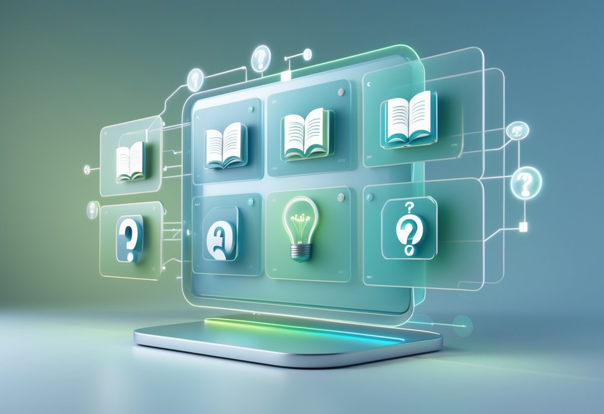 A 3D scene showing floating translucent panels with icons like books, light bulbs, and question marks connected by glowing lines, representing educational frequently asked questions.