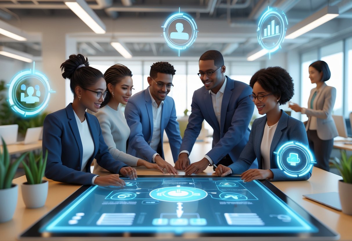 A group of new employees working together with mentors around a digital touchscreen table in a bright office, showing collaboration and guidance during onboarding.