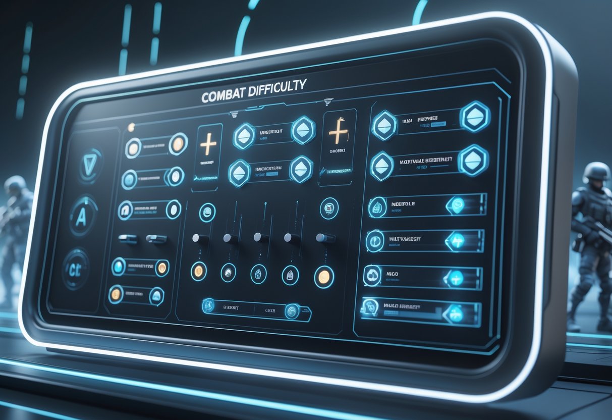 A futuristic control panel showing sliders and switches for adjusting combat difficulty settings, with a virtual battlefield visible in the background.