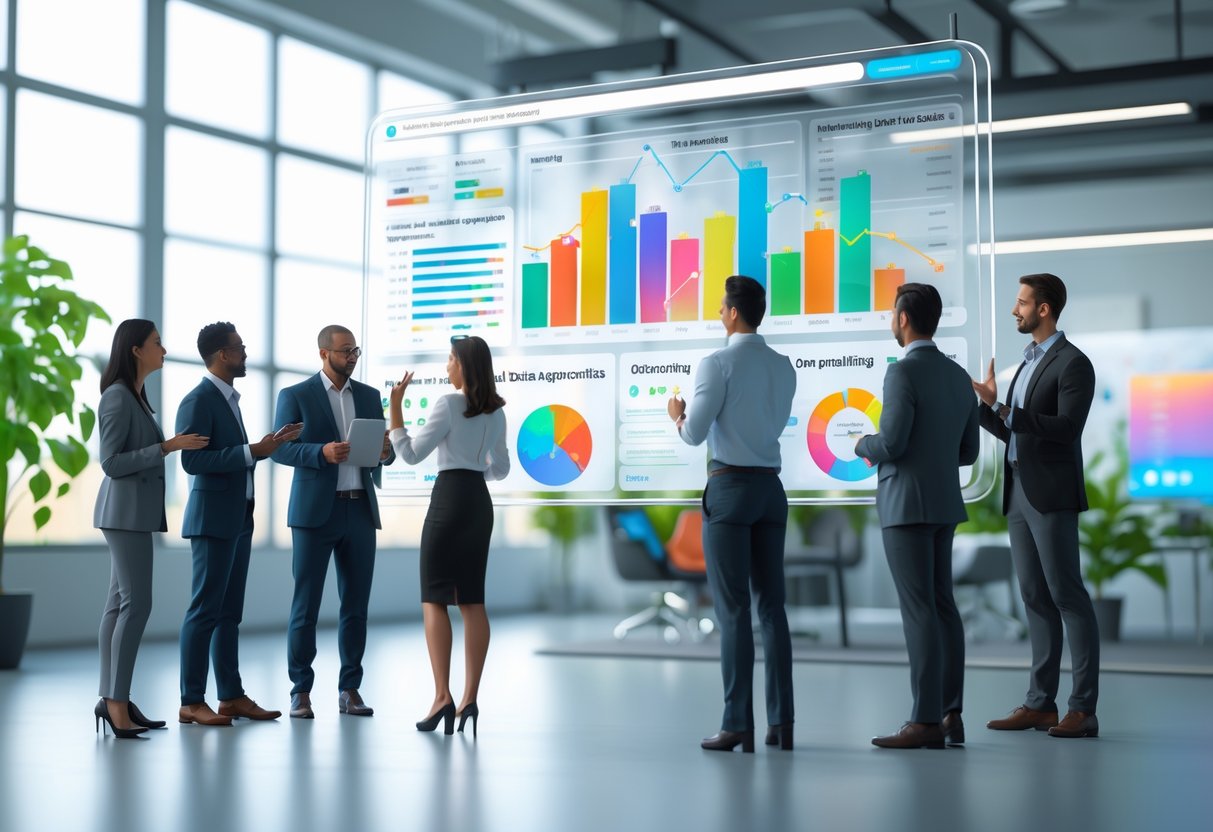 A modern office scene with professionals analysing digital charts and graphs on a floating dashboard showing onboarding progress.