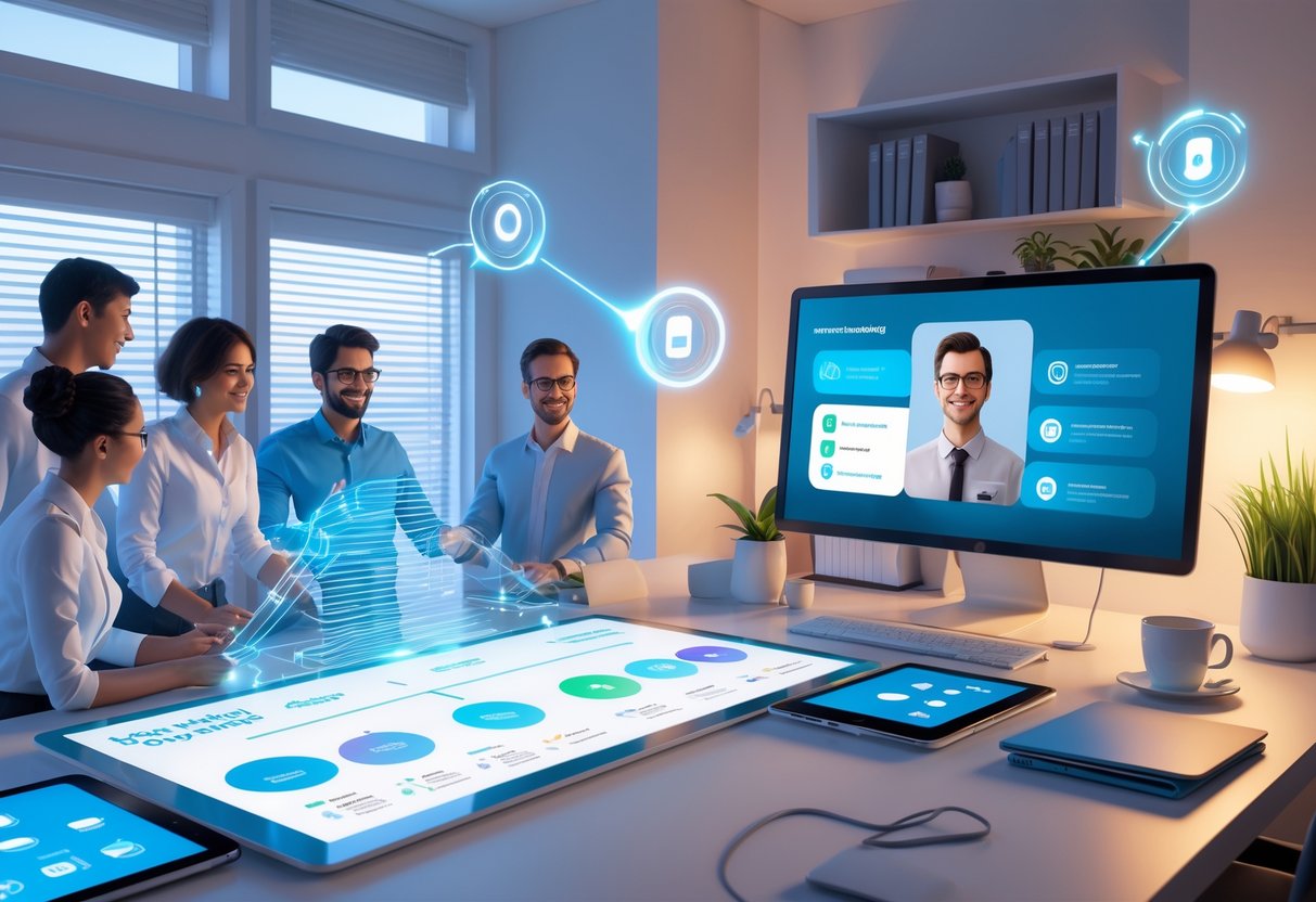 A 3D scene showing a modern office with people collaborating and a home workspace with a person on a video call, connected by glowing network lines symbolising remote and hybrid onboarding.