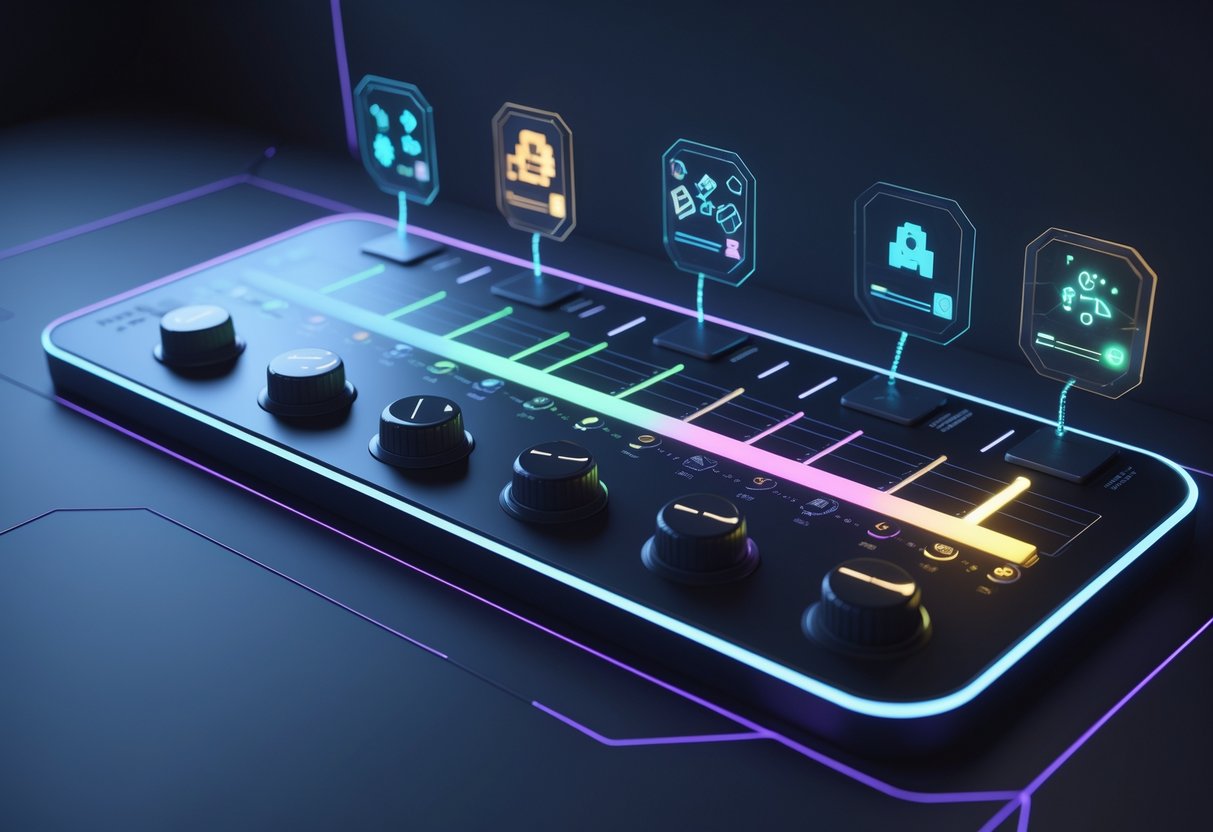 A 3D scene showing a futuristic control panel with glowing sliders and buttons surrounded by floating game-related icons.