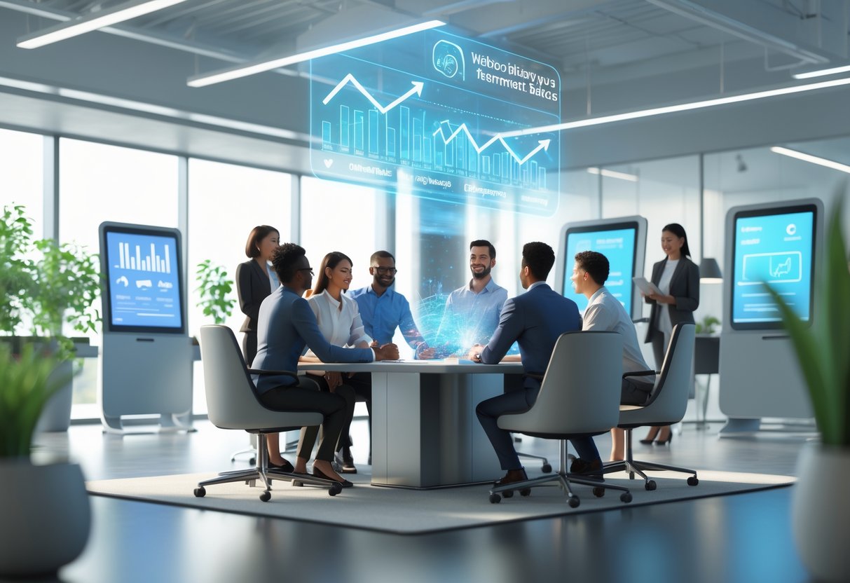 A modern office with a diverse group of people collaborating around a table with floating digital charts, and a welcoming onboarding area with interactive kiosks and plants.