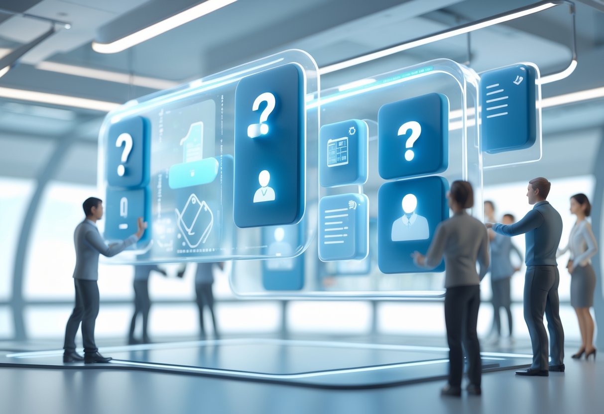 A 3D scene showing people interacting with floating digital panels displaying question and checklist icons in a modern office setting.