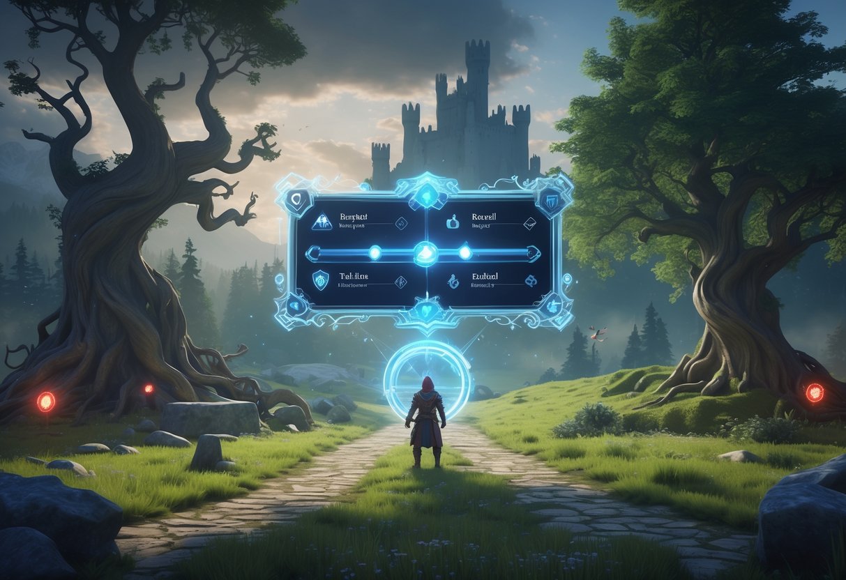 A fantasy game character stands at a crossroads with a dark forest on one side and a bright meadow on the other, with a floating menu showing adjustable difficulty settings.