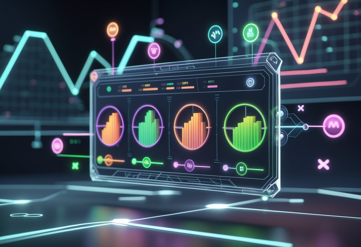 A futuristic 3D interface showing circular progress bars, sliders, and graphs representing stat scaling and difficulty progression systems with glowing icons for different attributes.