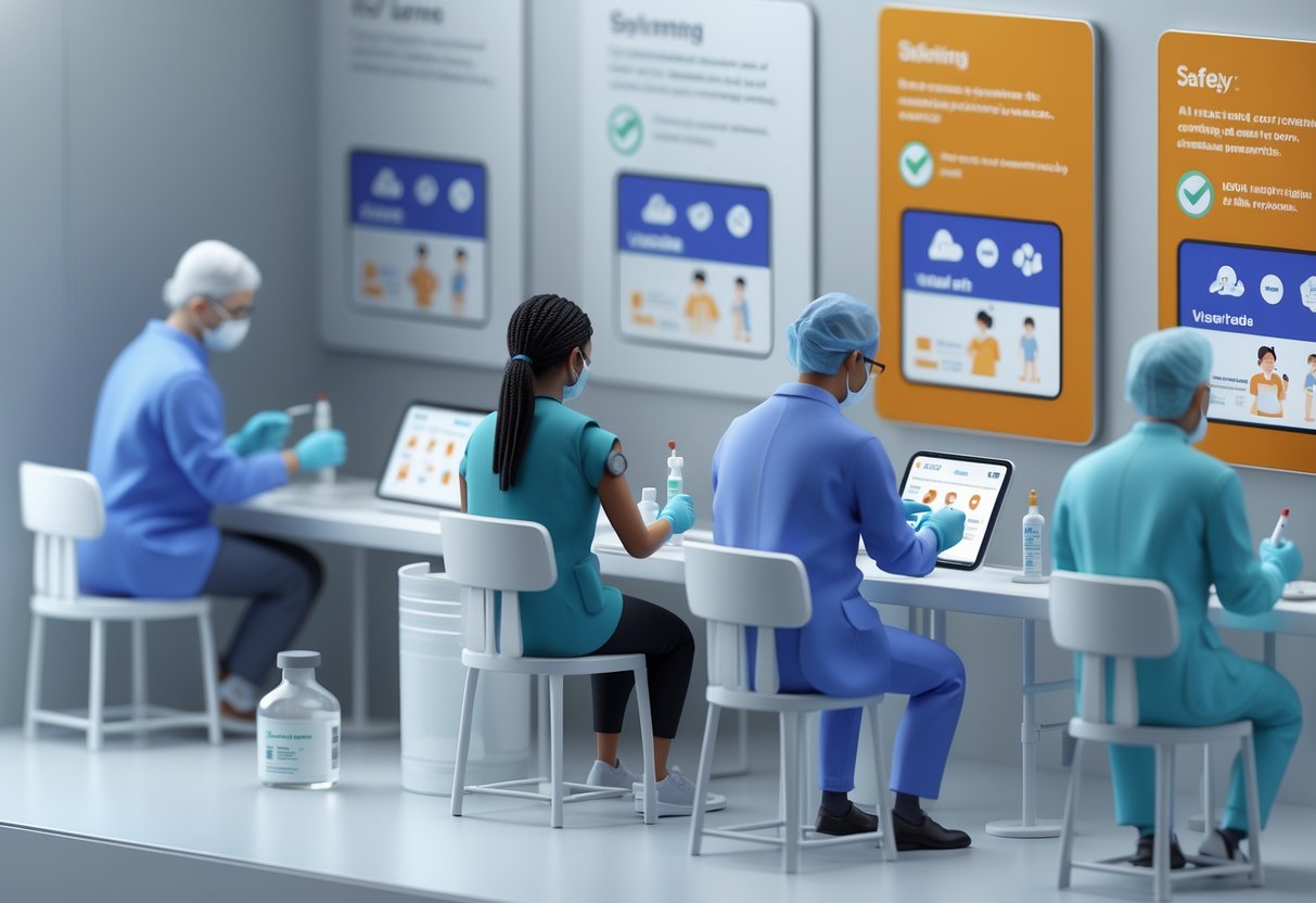 A 3D scene of a vaccination clinic where healthcare workers are giving vaccines to patients, with medical equipment and health protocol visuals in the background.