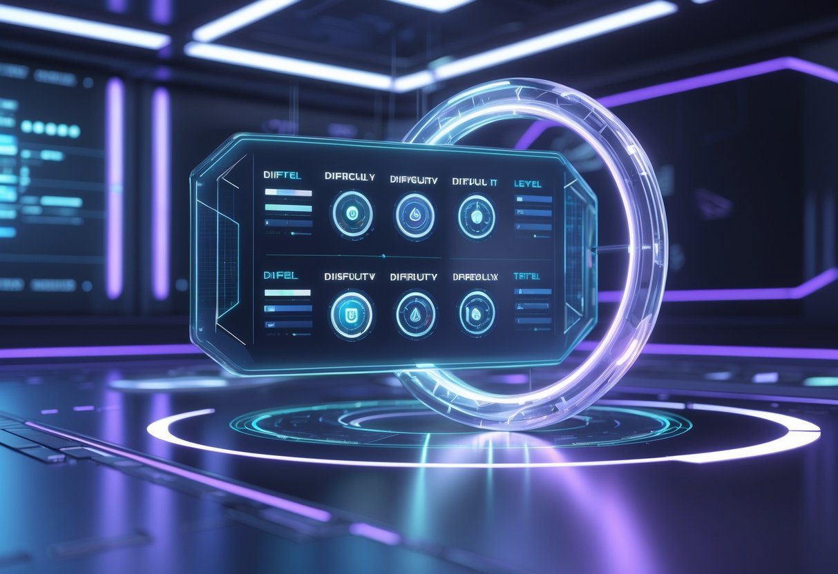 A futuristic control room with a holographic panel displaying various difficulty options in glowing icons arranged in a circular menu.