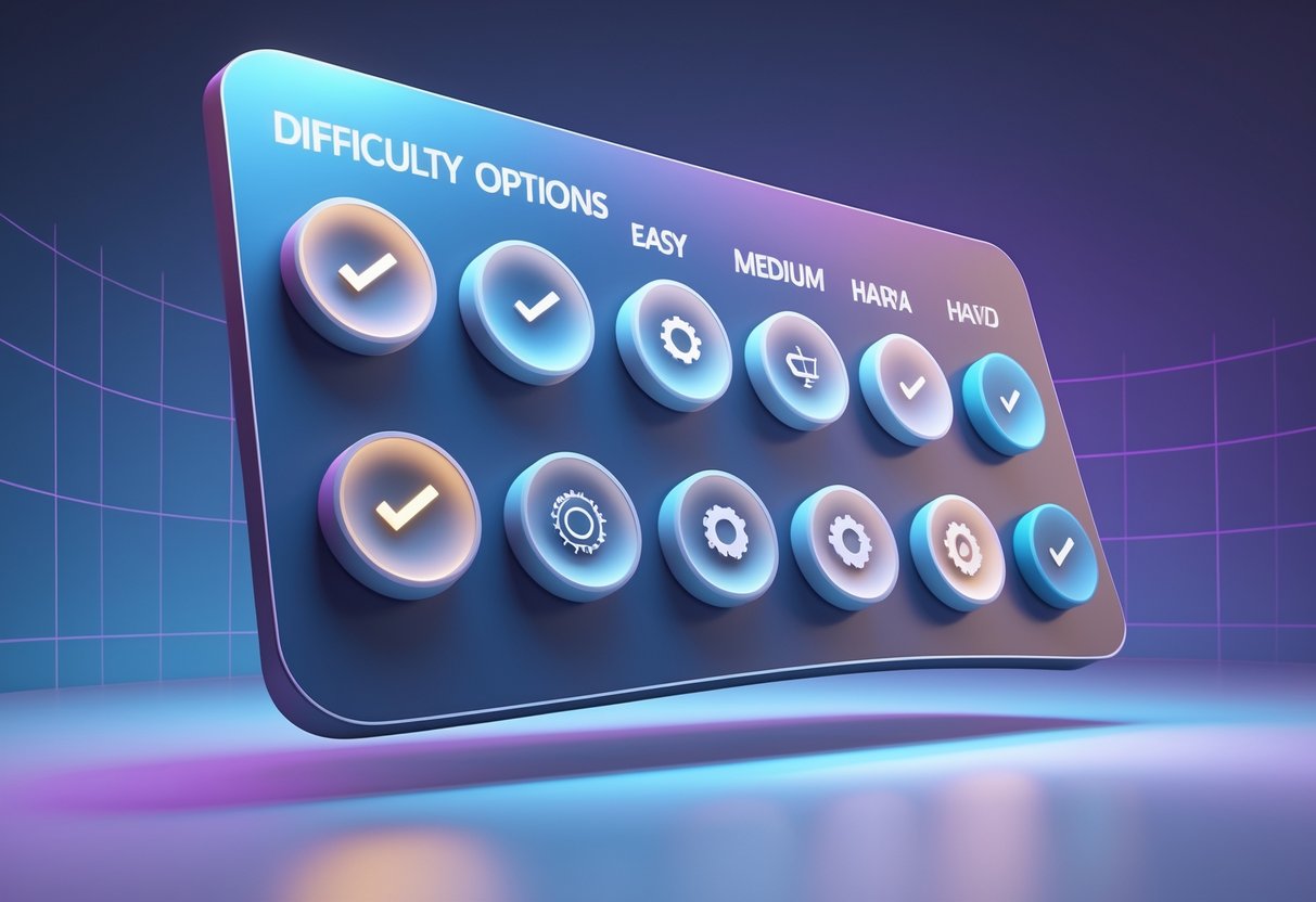 A 3D digital panel showing illuminated circular buttons representing different difficulty levels arranged from easy to hard.