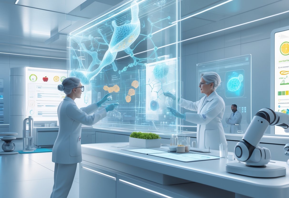 A futuristic medical laboratory with scientists working on holographic displays showing cancer cells, DNA strands, and preventive health icons.