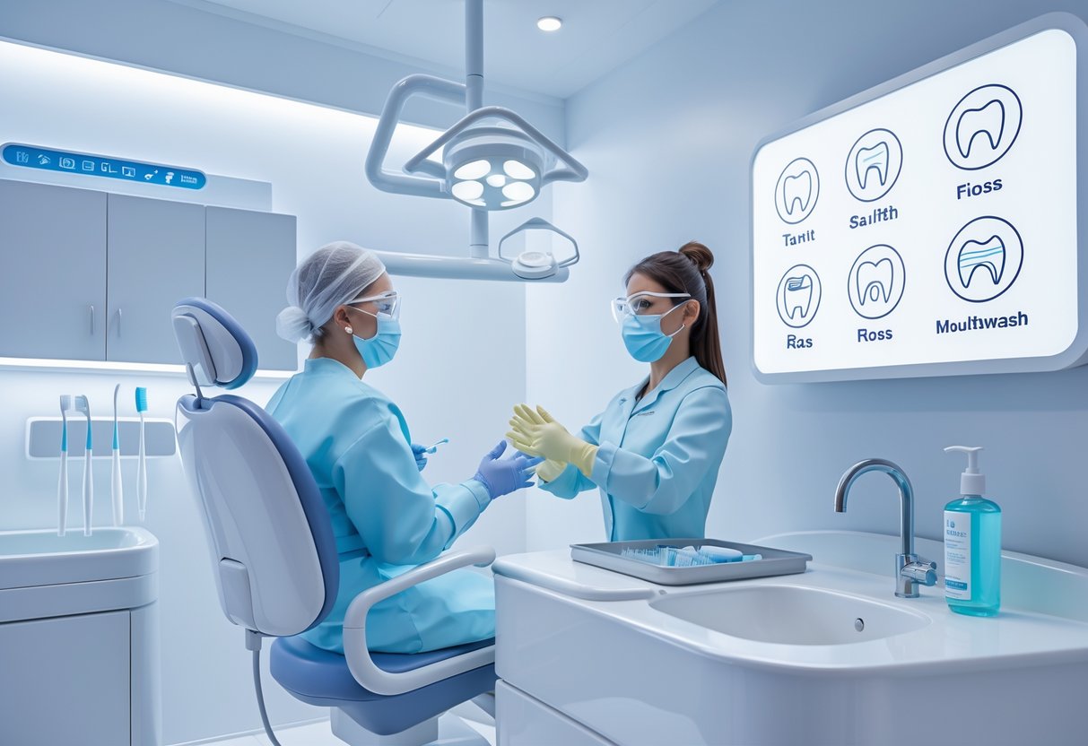 A 3D rendered scene of a dental clinic showing a dentist washing hands with dental tools and hygiene items arranged nearby.