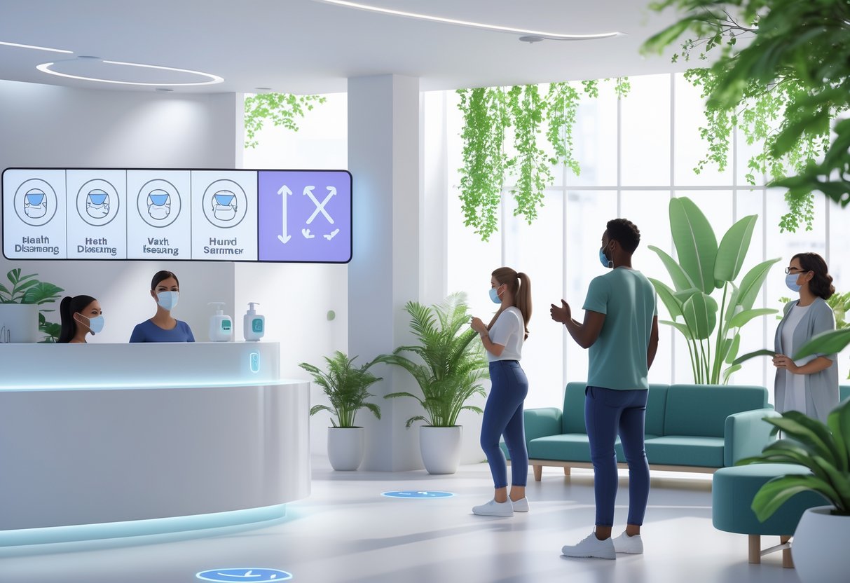 A clean wellness space with people wearing masks, using hand sanitiser, and maintaining social distance among plants and seating areas.