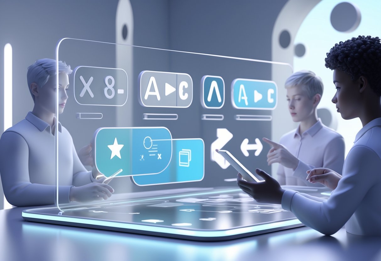 A 3D scene showing diverse people interacting with floating age rating and media classification icons on a transparent touchscreen.