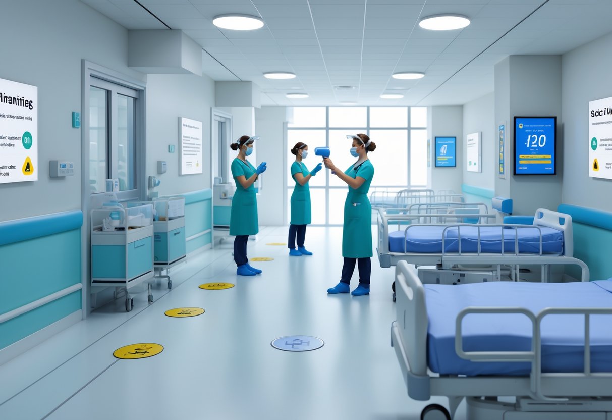 A hospital corridor with medical staff wearing protective gear, hand sanitiser stations, social distancing markers, and separated patient beds, showing health and safety measures.